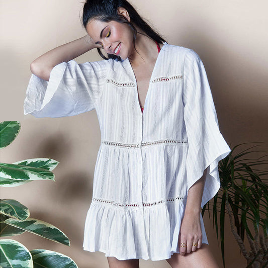 Cotton Jacquard Button Loose Sleeve Sunscreen Clothing